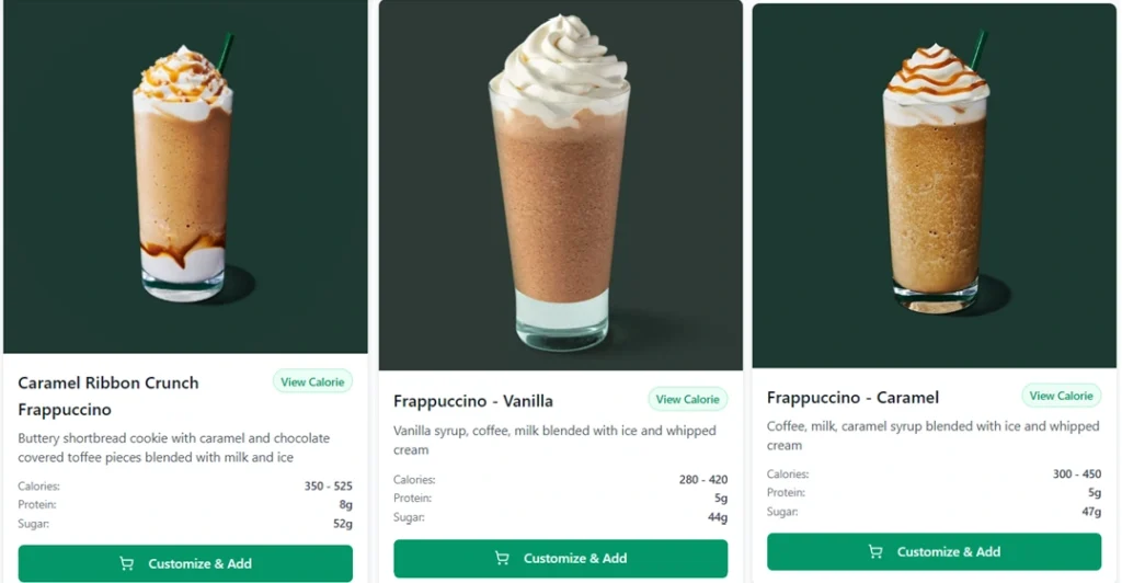 Calories in Starbucks Frappuccino - Different Flavours
