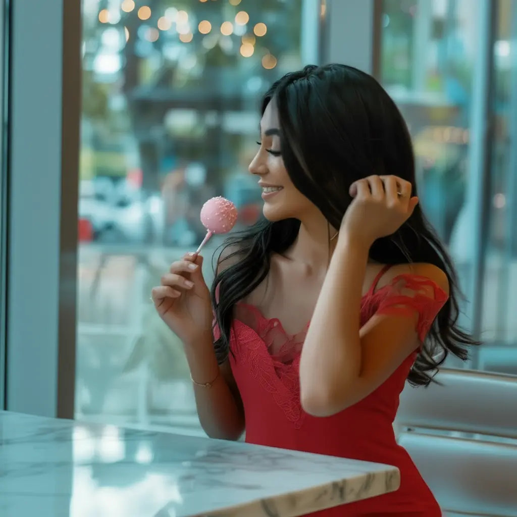 Lady enjoying Starbucks Cake Pop