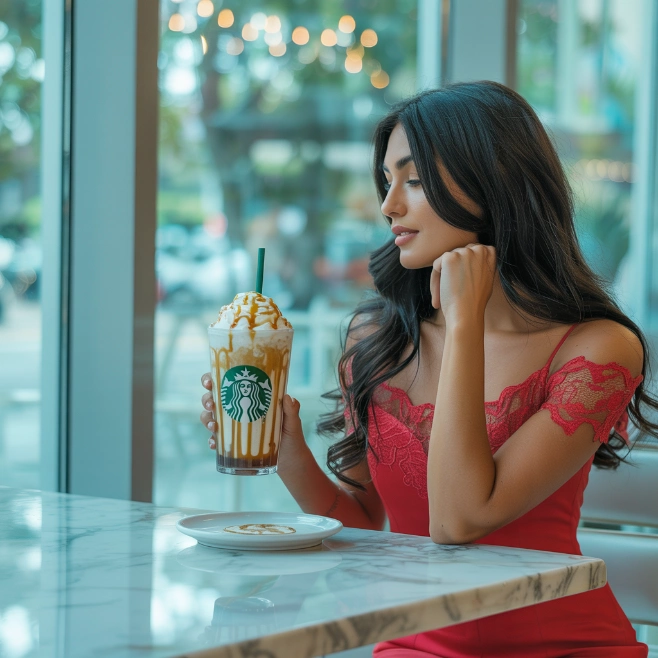 Lady enjoying Starbucks Caramel Ribbon Crunch