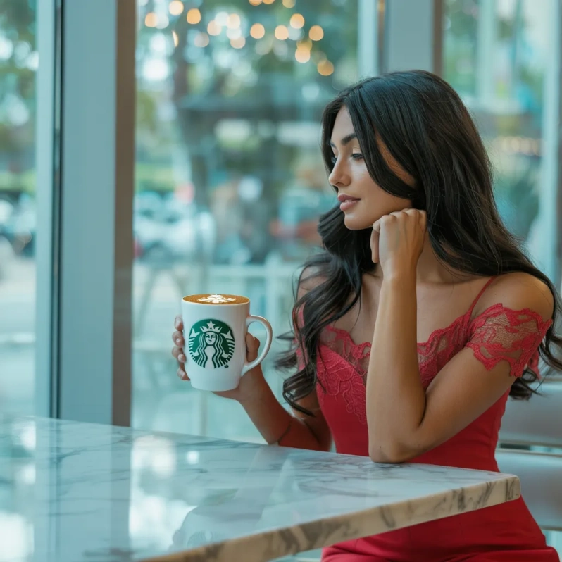Lady enjoying Starbucks Flat White