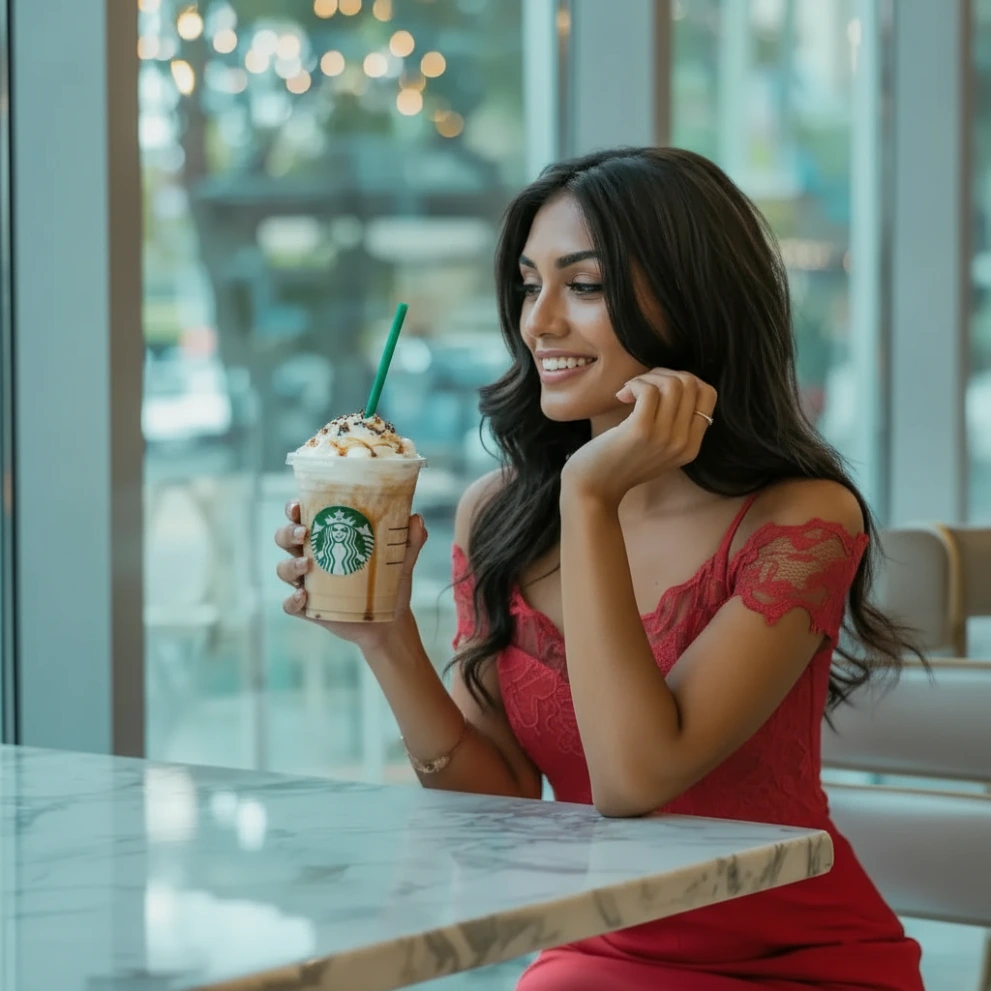 Lady enjoying Starbucks Frappuccino
