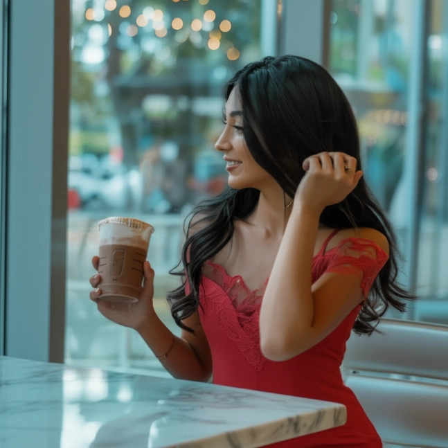 Lady enjoying Starbucks Hot Chocolate