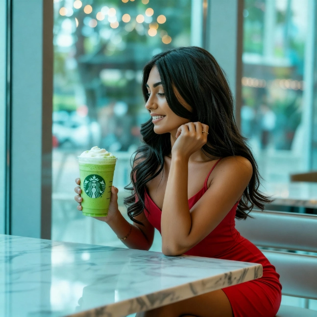 Lady enjoying Starbucks Matcha Latte