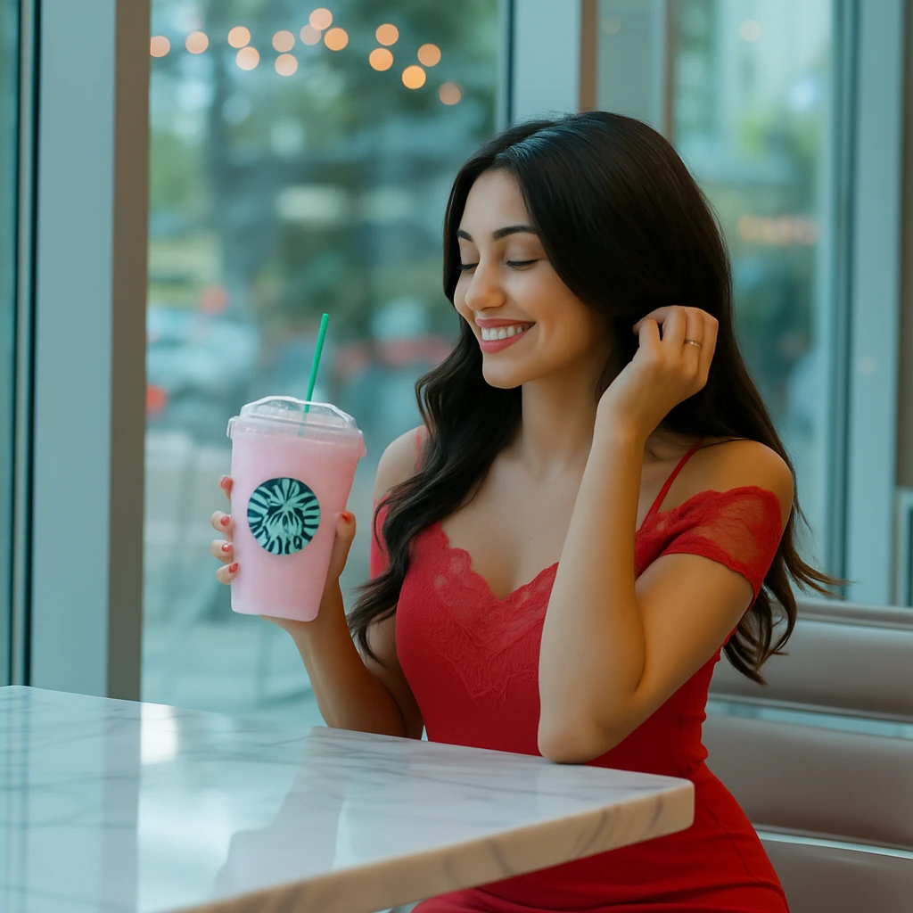 Lady enjoying Starbucks Pink Drink