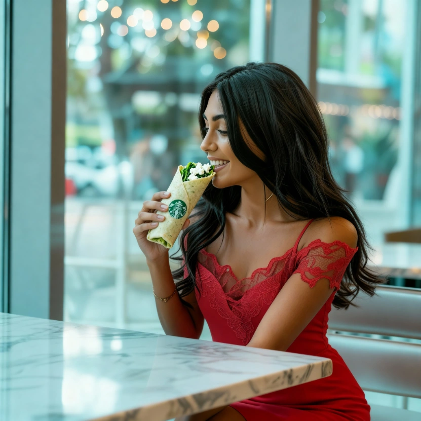 Lady enjoying small Starbucks Spinach Feta Wrap