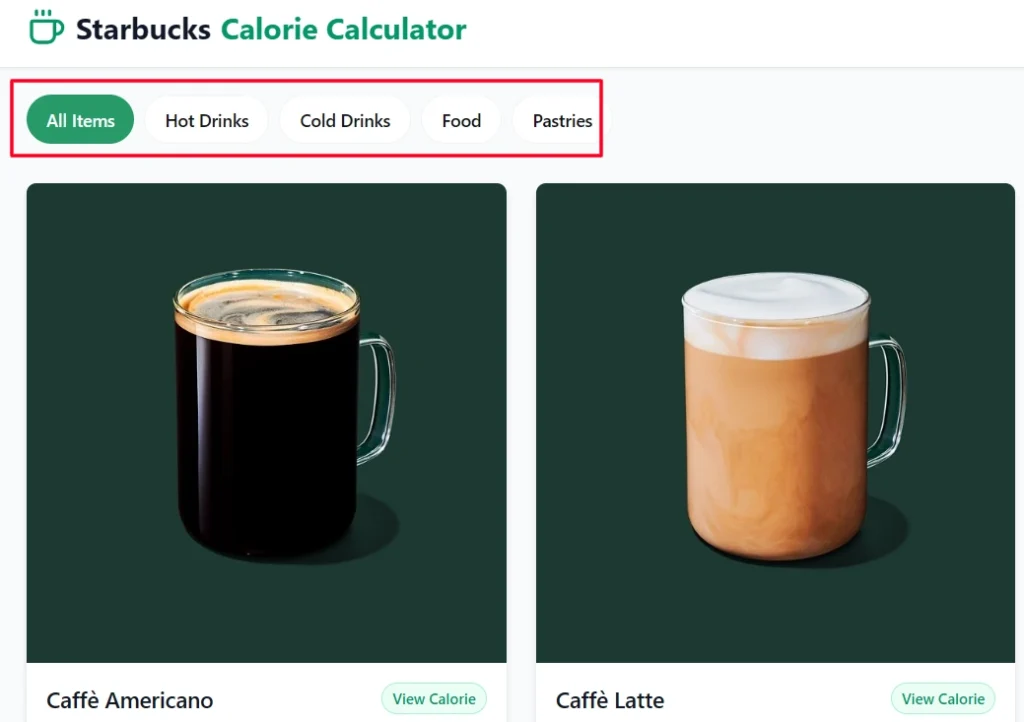 Starbucks Calorie Calculator Menu