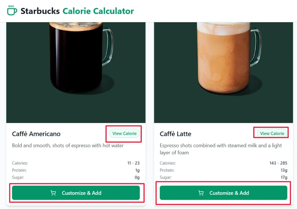 Starbucks Calorie Calculator - View Claories and Custmize